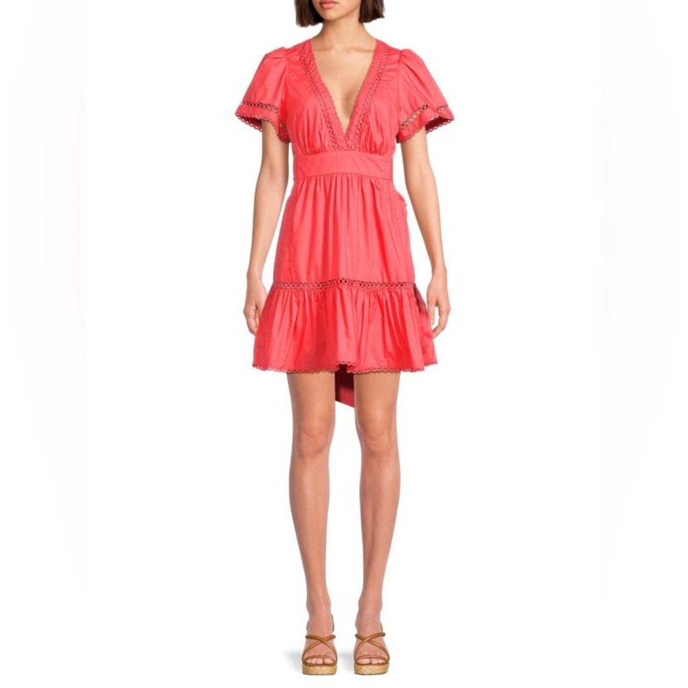 Stellah Women's Sz M Eyelet  Mini A-line Dress Lined Coral Deep V-Neck NWoT